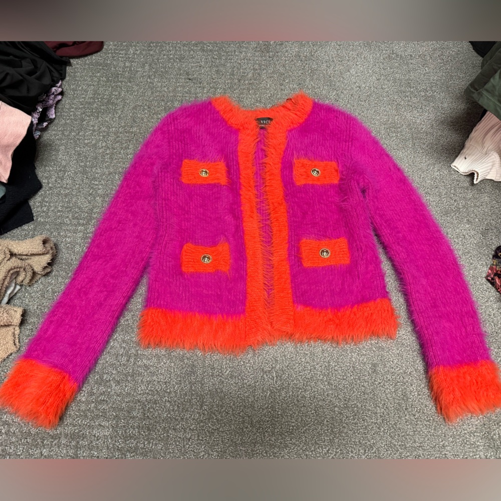 Vici Pink and Orange Fuzzy Cardigan